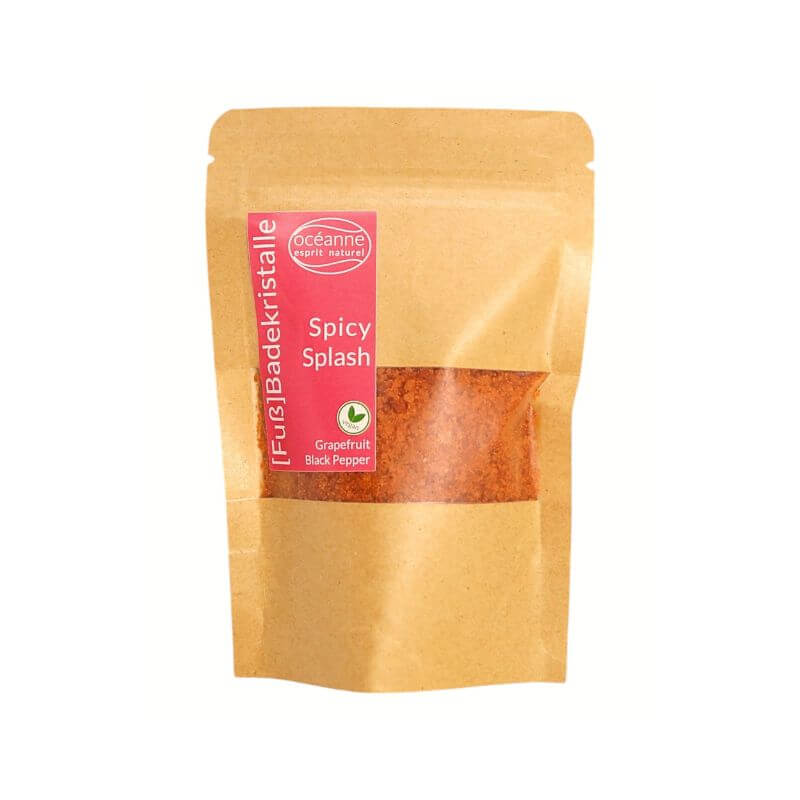 Spicy Splash Badekristalle mit Grapefruit und schwarzem Pfeffer in nachhaltiger Papierverpackung – veganes Wellnessprodukt für wärmende und belebende Bäder