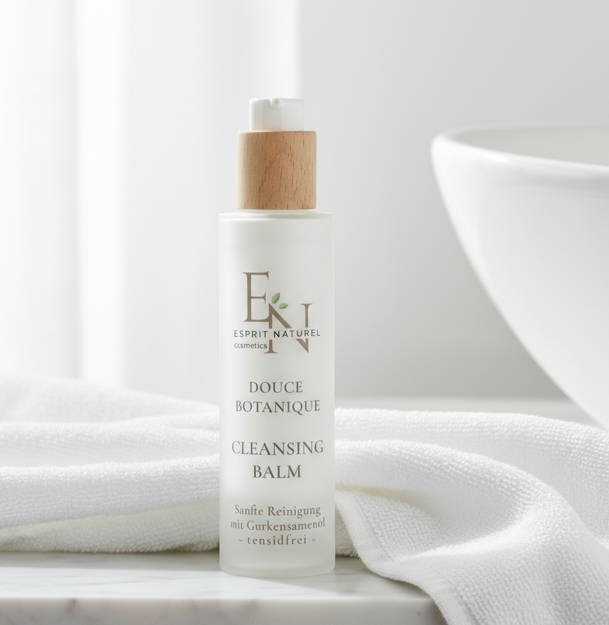 Esprit Naturel Cleansing Balm in Badezimmer-Setting mit Spiegel und weißen Handtüchern – stilvolle Naturkosmetik mit elegantem Design