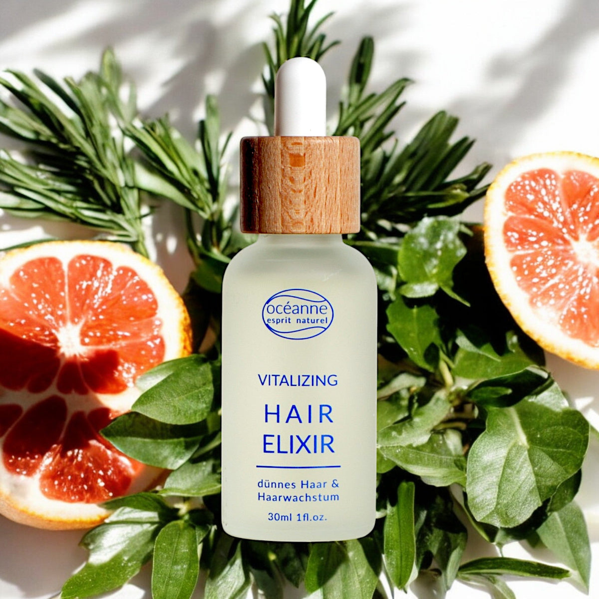 Haarelixir, dünnes haar, haarwachstum, Grapefruit, Rosmarin, Haarpflege, Vitamin E, Haarwachstum, Haare, silikonfrei, parabenefrei, palmölfrei, Teebaum