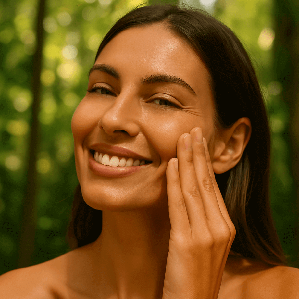 Junge Frau mit strahlender Haut verreibt Cacayöl sanft auf ihrer Wange vor grünem Urwald-Hintergrund, natürliches Lächeln