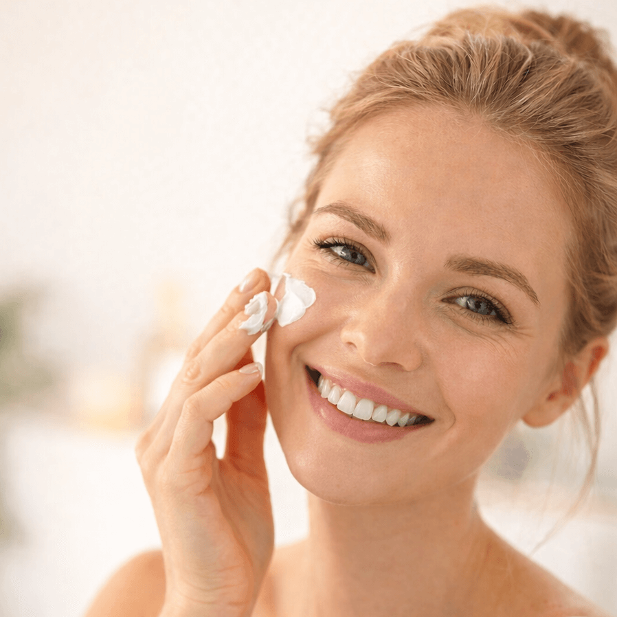 Junge Frau trägt lächelnd Gesichtscreme auf – natürliche Hautpflege, geeignet für empfindliche Haut, vegane Kosmetik für strahlende Ausstrahlung.