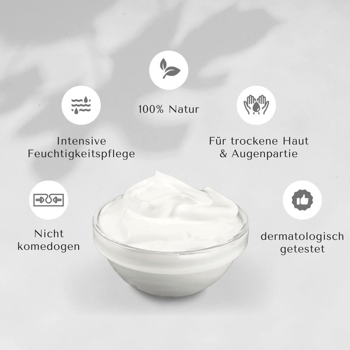 palmölfreie Naturkosmetik-Creme in Glasschale, umgeben von Icons: 100 % Natur, intensive Feuchtigkeitspflege, für trockene Haut &amp; Augenpartie, nicht komedogen, dermatologisch getestet