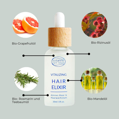 Vitalizing Hair Eixir, Grapefruit, Rosmarin, Teebaum, Dünnes Haar, Haarwachstumg, vegan, Mandelöl, Rizinusöl